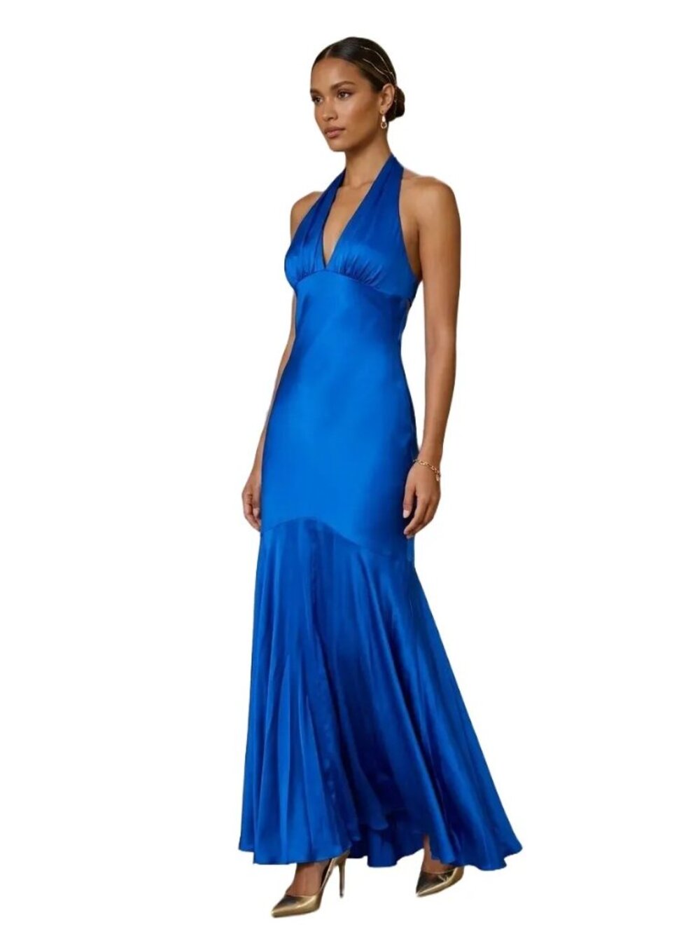 VTG CACHE 100% Silk Halter Neck Formal Mermaid Dress Royal Blue Y2K SZ 6